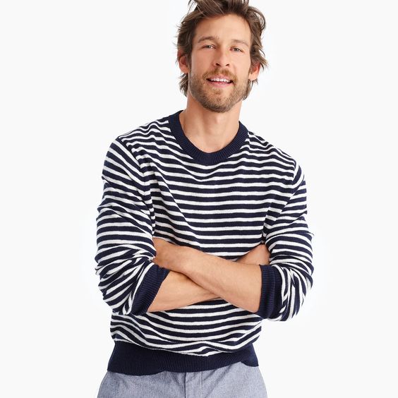 Cotton crewneck sweater in navy stripe