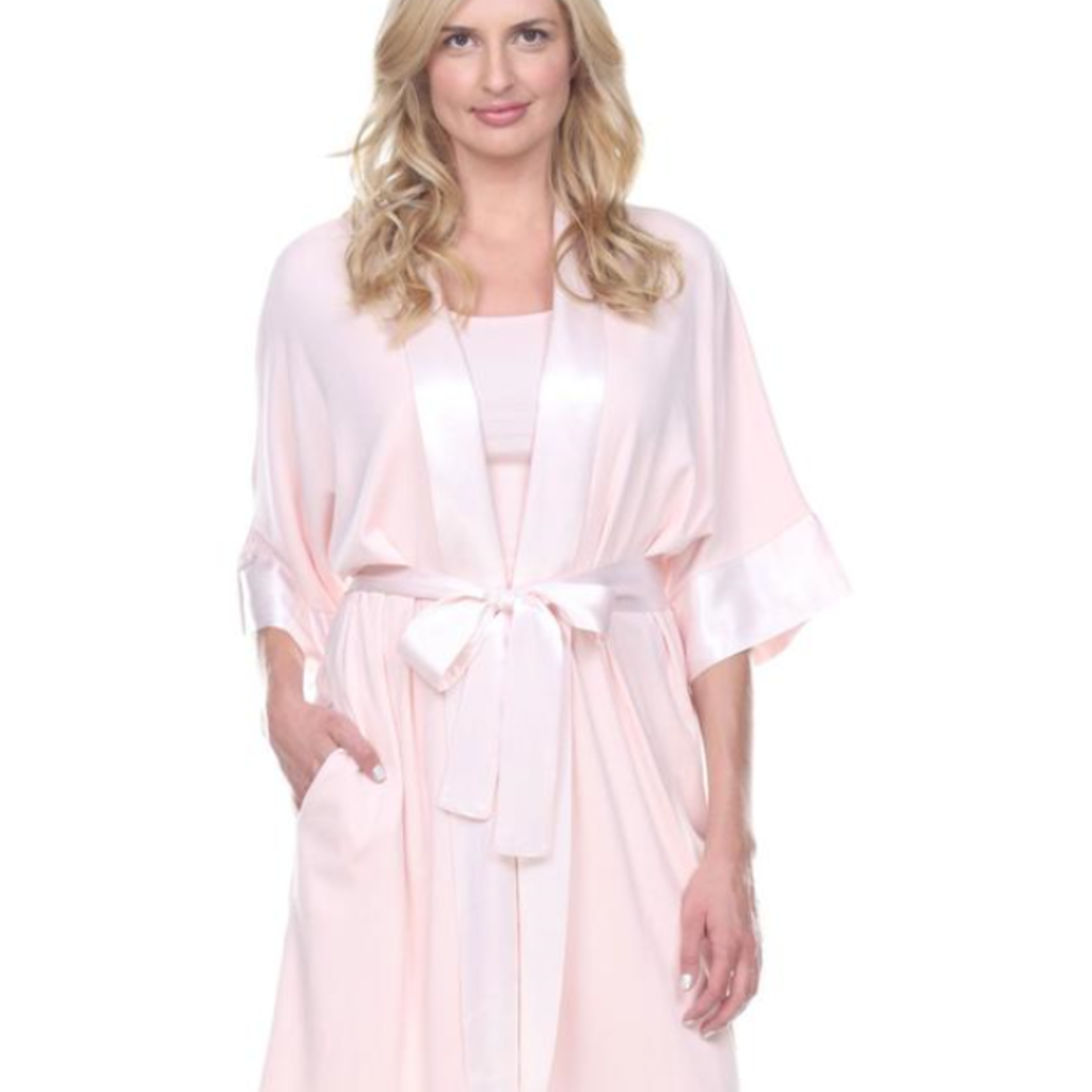 PJ Harlow Shala Rib Knit Satin Trim Camono Robe with Satin Belt