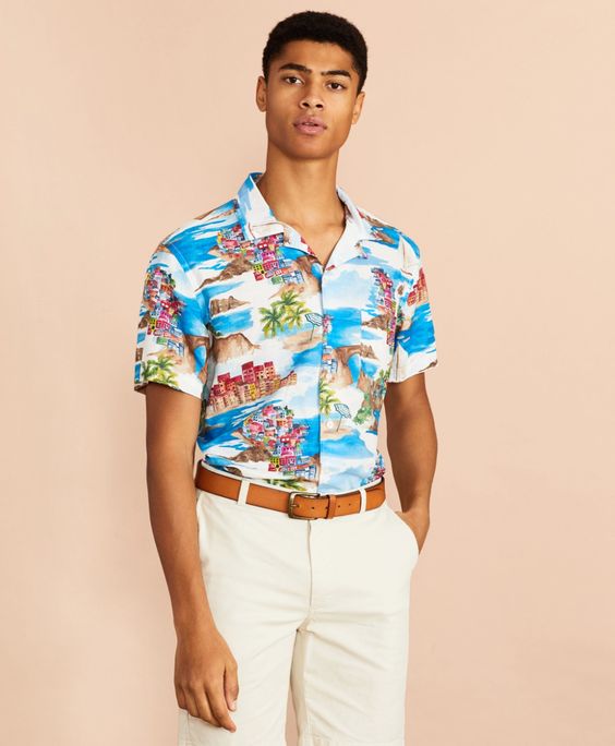 Coastal-Print Linen-Cotton Camp Collar Short-Sleeve Shirt