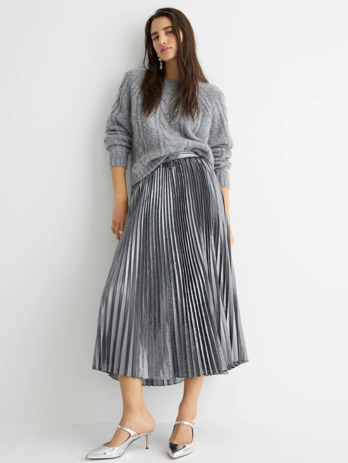 Pleated Silver Lamé Midi Skirt J Crew